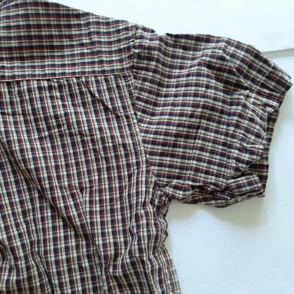 Gap Boys Shirt Button Down Red Tan Green Plaid Short Sleeve XS